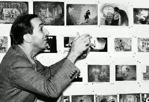 Walt Disney acting out in front of storyboard.