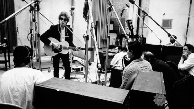 Bob Dylan recording 'Like A Rolling Stone' in studio.